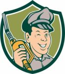 Gas Attendant Nozzle Winking Shield Cartoon Stock Photo