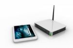 Internet Via Router On Phone And Tablet Pc Stock Photo