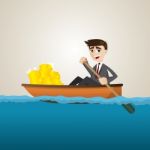 Cartoon Businessman With Gold Coin On Ship Stock Photo