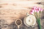Tea Cups With Teapot On Old Wooden Table. Top View Stock Photo