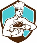 Chef Cook Serving Chicken Platter Shield Retro Stock Photo