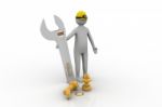 3d Man Standing With A Steel Wrench Stock Photo