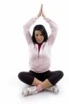 Front View Of Female Doing Yoga On White Background Stock Photo
