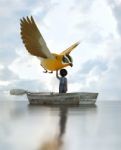 Boy Standing On An Old Wooden Rowboat In The Sea And Touching A Big Bird Stock Photo