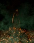 Ghost Woman Behind Piles Of Human Bones In The Dark,3d Illustration Stock Photo