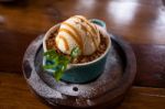 Apple Crumble Dessert With Ice Cream Stock Photo