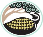 Golden Plover Looking Up Tree Oval Tribal Art Stock Photo