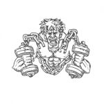 Buffed Athlete Dumbbells Breaking Free From Chains Drawing Stock Photo
