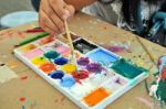 Watercolor Paint Tray With Brush Stock Photo