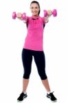 Happy Gym Woman Lifting Dumbbells Stock Photo