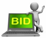 Bid Laptop And Character Shows Bidder Bidding Or Auctions Online Stock Photo