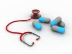 3d Rendering Stethoscope With Pills   Stock Photo