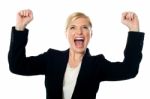 Lady Shouting With Arms Up Stock Photo