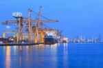 Ship Yard With Heavy Crane In Beautiful Twilight Of Day Stock Photo