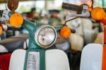 Headlight Of Green Old Motorcycle Stock Photo