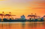 Beautiful Twilight Sky At Shipping Port Use For Vessel ,nautical Stock Photo