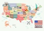 Map Of The United States Of America With Famous Attractions Stock Photo