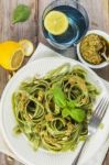 Homemade Spinach Pasta With Pesto Stock Photo