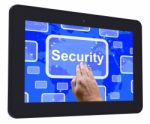 Security Tablet Touch Screen Shows Privacy Encryptions And Safet Stock Photo