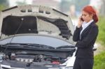 Woman With Car Broke Down Stock Photo
