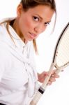 Portrait Of Tennis Player Looking At Camera Stock Photo