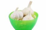 Green Bowl Of Fresh Garlic On White Stock Photo