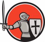 Knight Wielding Sword Circle Cartoon Stock Photo