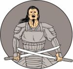 Angry Samurai Warrior Crossing Swords Oval Drawing Stock Photo