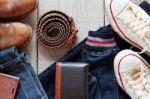 Clothes And Accessories On Wooden Stock Photo