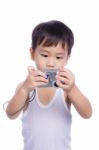 Little Boy  Interesting Digital Compact Photo Camera Stock Photo