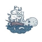 Kraken Attacking Sailing Galleon Doodle Art Color Stock Photo