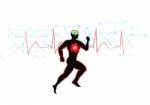 Illustration Of Black Man Running On Moving Heart And Technological Background Stock Photo