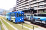 Blurred Abstract Background Of Blue Tram Stock Photo