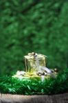 Gift Box On Old Wooden With Green Bokeh Background Stock Photo