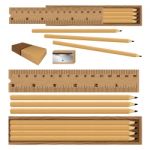 Wooden Box For Ruler And Pencil, Eraser With Sharpener On White Background. Drawing Box Set Stock Photo