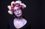 Halloween Makeup With Rhinestones And Wreath Of Flowers Stock Photo