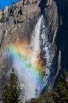 Yosemite Fall With Rainbow Stock Photo