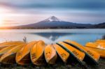 Fuji Mountain And Boat At Kawaguchiko Lake, Japan Stock Photo