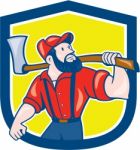 Lumberjack Holding Axe Shield Cartoon Stock Photo
