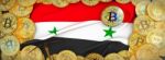 Bitcoins Gold Around Syria  Flag And Pickaxe On The Left.3d Illu Stock Photo