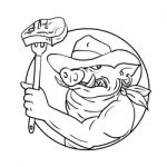Cowboy Wild Pig Holding Barbecue Steak Drawing Black And White Stock Photo