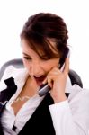 Front View Of Angry Young Businesswoman On Call Stock Photo
