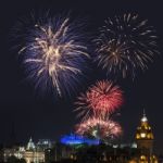 Panoramic Vew On Edinburgh Castle With Fireworks Stock Photo