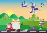 Express Delivery Truck Cartoon Gradient Colorful Logistic Stock Photo