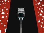 Microphone And Curtains Shows Concerts Or Talent Competition Stock Photo