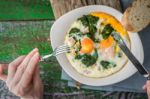 Eating Florentine Eggs With Purred Spinach Horizontal Stock Photo
