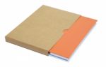 Orange Notebook In Brown Paper Case Isolated On White Background Stock Photo