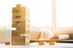 The Blocks Wood Tower Game With Architectural Engineer Plans Or Stock Photo