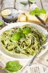 Homemade Spinach Pasta With Pesto And Parmesan Cheese Stock Photo