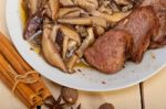Venison Deer Game Filet And Wild Mushrooms Stock Photo